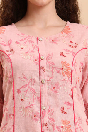 Pink Floral Printed Linen Straight Cut Suit Set