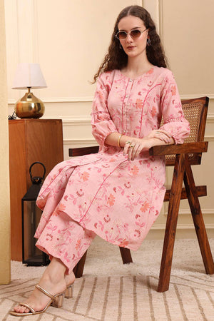 Pink Floral Printed Linen Straight Cut Suit Set