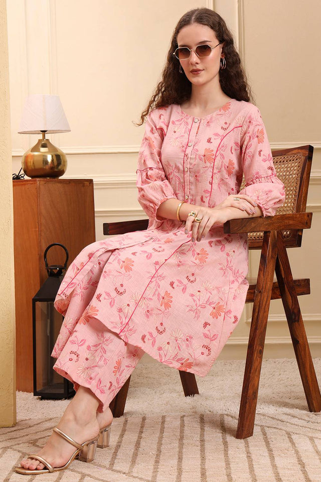 Pink Floral Printed Linen Straight Cut Suit Set