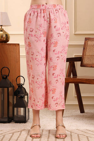 Pink Floral Printed Linen Straight Cut Suit Set
