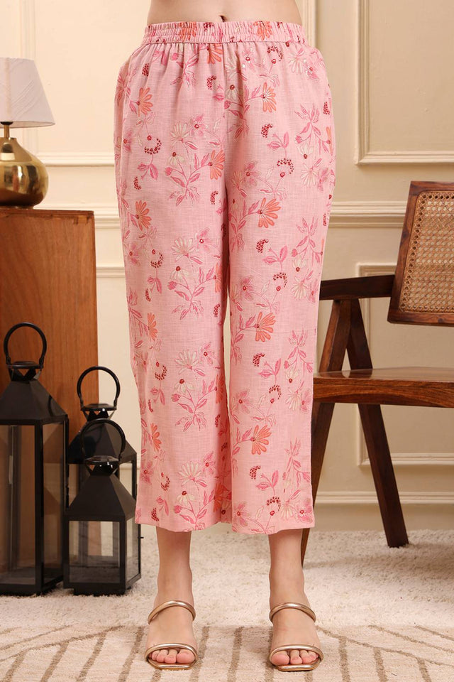 Pink Floral Printed Linen Straight Cut Suit Set
