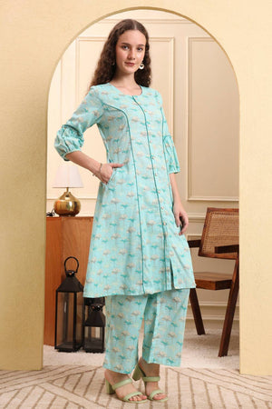 Sea Green Floral Printed Linen Straight Cut Suit Set