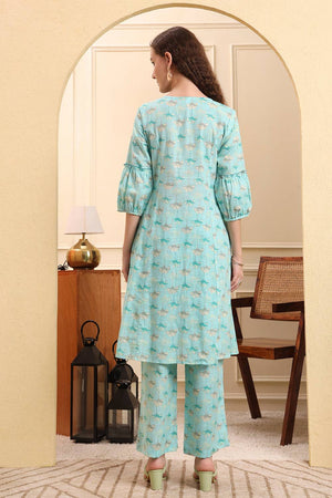 Sea Green Floral Printed Linen Straight Cut Suit Set