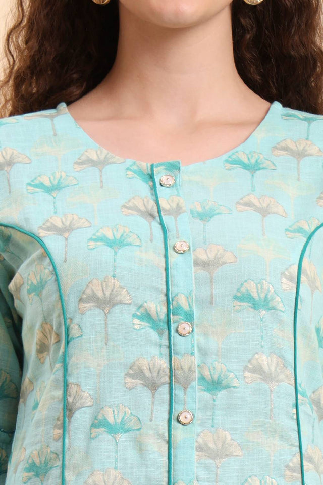 Sea Green Floral Printed Linen Straight Cut Suit Set