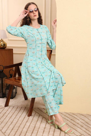 Sea Green Floral Printed Linen Straight Cut Suit Set