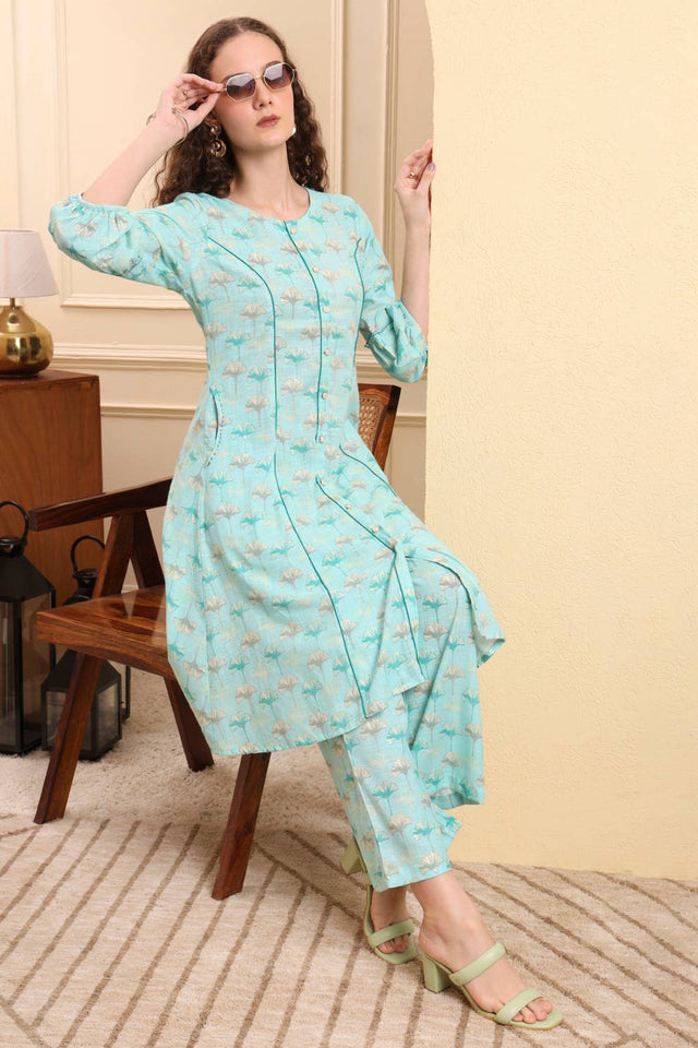 Sea Green Floral Printed Linen Straight Cut Suit Set
