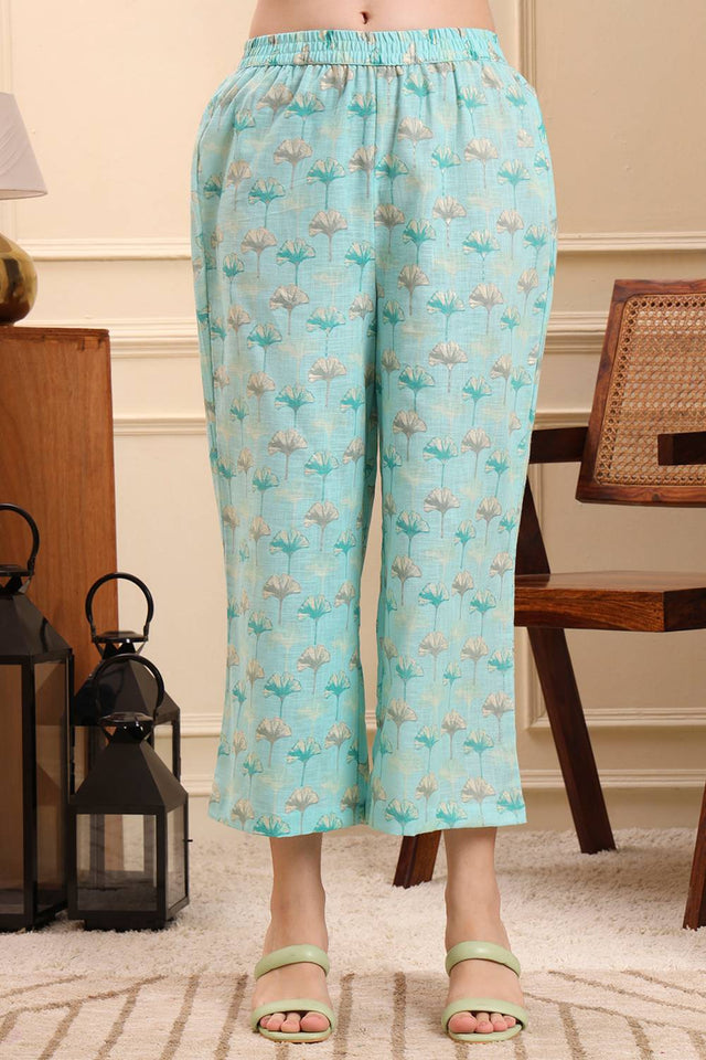 Sea Green Floral Printed Linen Straight Cut Suit Set