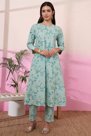 Sea Green Floral Printed Linen Straight Cut Suit Set