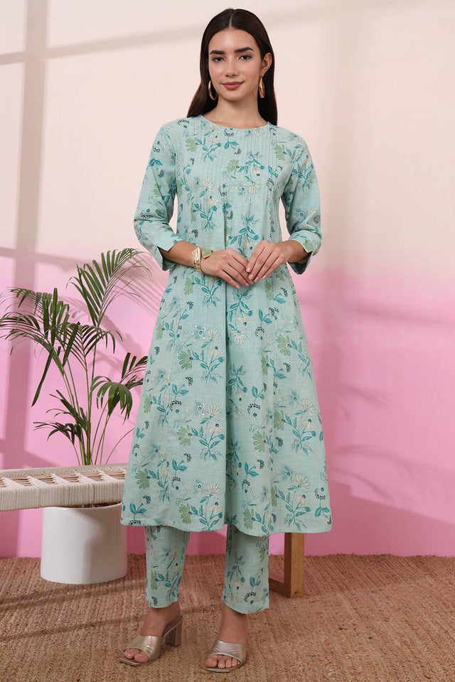Sea Green Floral Printed Linen Straight Cut Suit Set