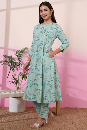 Sea Green Floral Printed Linen Straight Cut Suit Set