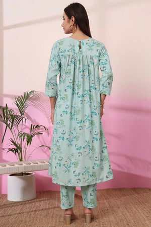 Sea Green Floral Printed Linen Straight Cut Suit Set