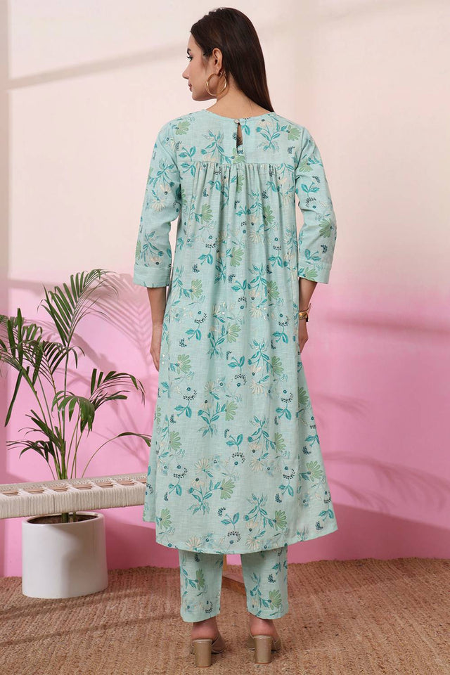 Sea Green Floral Printed Linen Straight Cut Suit Set
