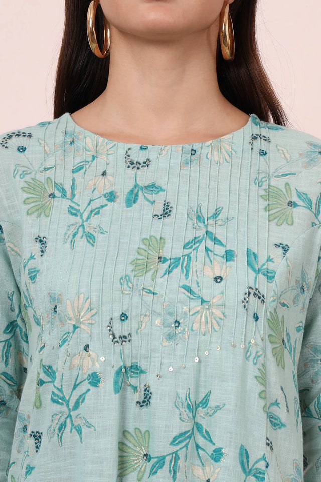 Sea Green Floral Printed Linen Straight Cut Suit Set