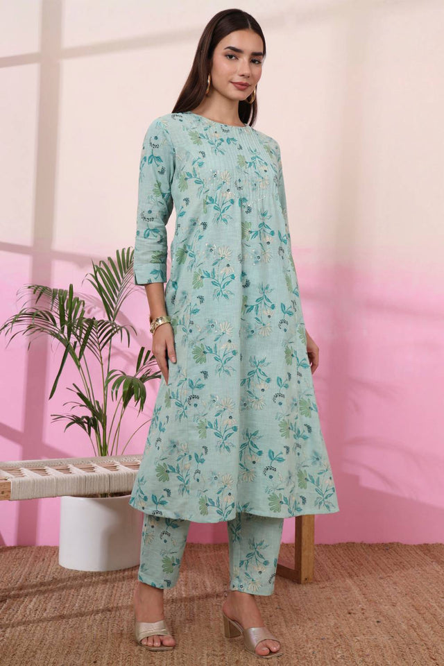 Sea Green Floral Printed Linen Straight Cut Suit Set