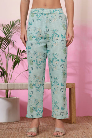 Sea Green Floral Printed Linen Straight Cut Suit Set