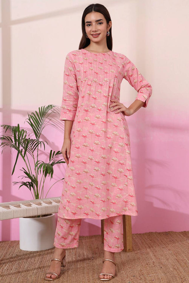 Pink Floral Printed Linen Straight Cut Suit Set