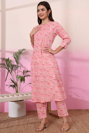 Pink Floral Printed Linen Straight Cut Suit Set