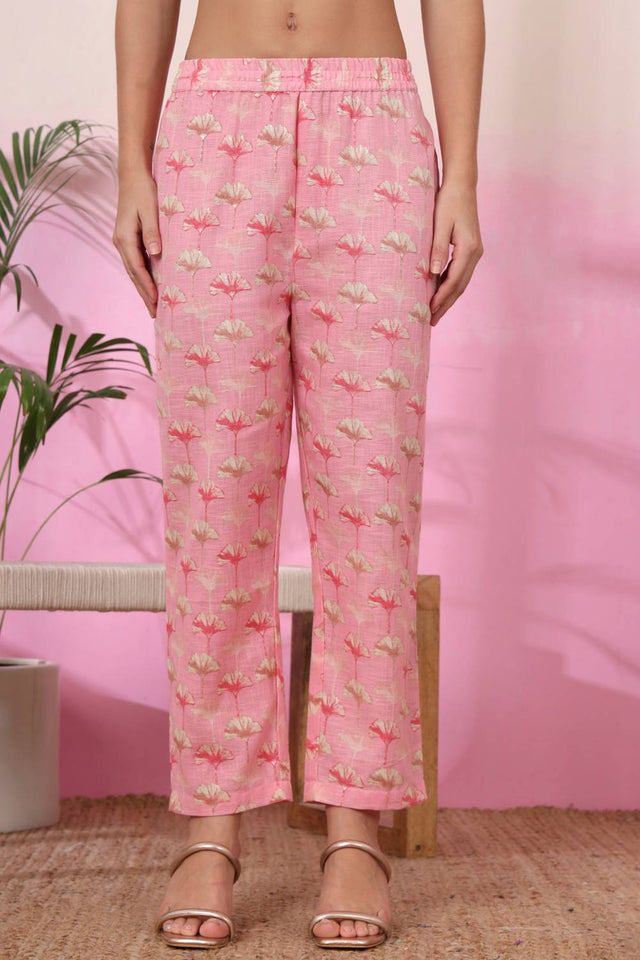 Pink Floral Printed Linen Straight Cut Suit Set