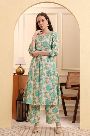 Multi Color Floral Printed Linen Straight Cut Suit Set