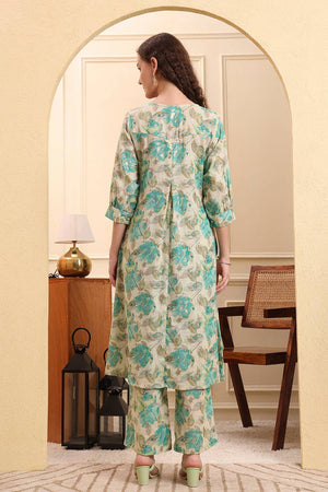 Multi Color Floral Printed Linen Straight Cut Suit Set