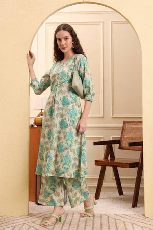Multi Color Floral Printed Linen Straight Cut Suit Set
