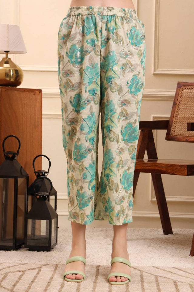 Multi Color Floral Printed Linen Straight Cut Suit Set