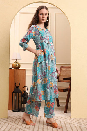 Sea Green Floral Printed Linen Straight Cut Suit Set