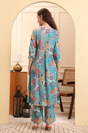 Sea Green Floral Printed Linen Straight Cut Suit Set