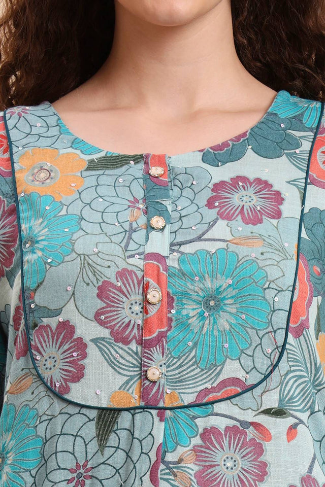 Sea Green Floral Printed Linen Straight Cut Suit Set