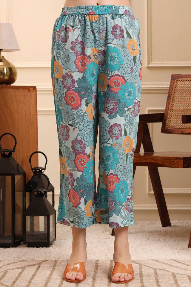 Sea Green Floral Printed Linen Straight Cut Suit Set