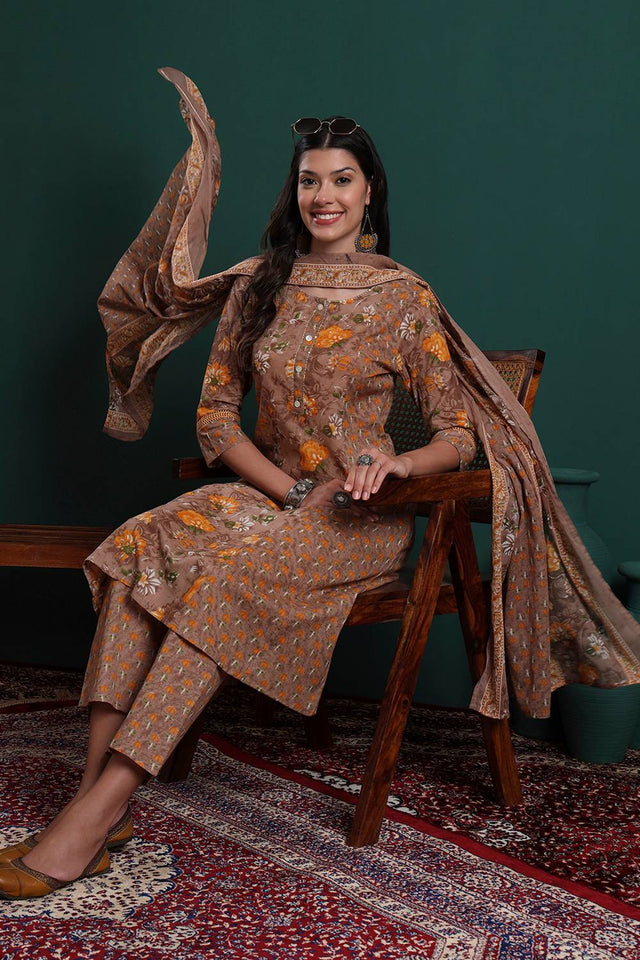Brown Floral Printed Cotton Straight Cut Suit Set