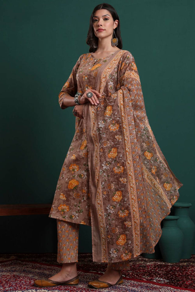 Brown Floral Printed Cotton Straight Cut Suit Set