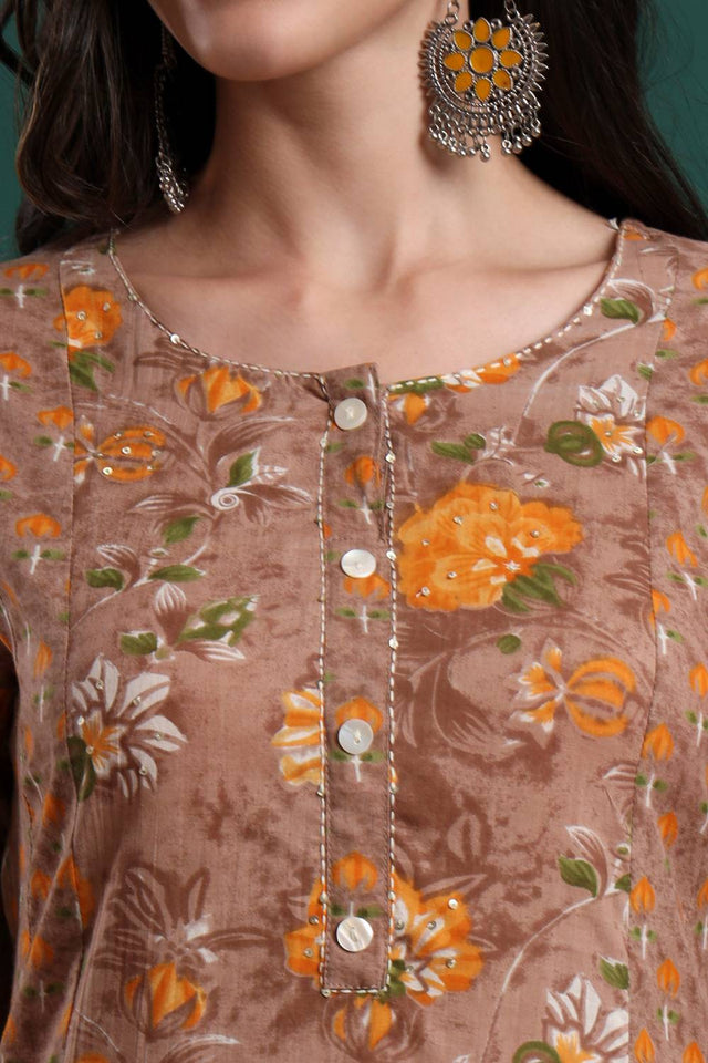 Brown Floral Printed Cotton Straight Cut Suit Set