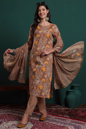 Brown Floral Printed Cotton Straight Cut Suit Set