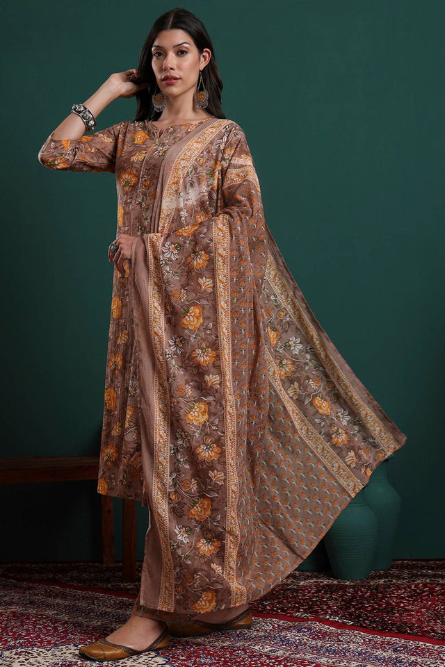 Brown Floral Printed Cotton Straight Cut Suit Set