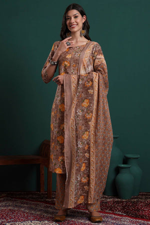 Brown Floral Printed Cotton Straight Cut Suit Set