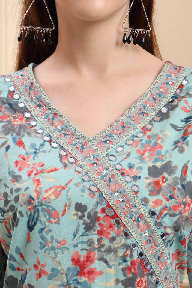 Blue Floral Printed Cotton Anarkali Suit Set