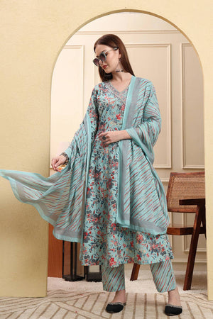 Blue Floral Printed Cotton Anarkali Suit Set