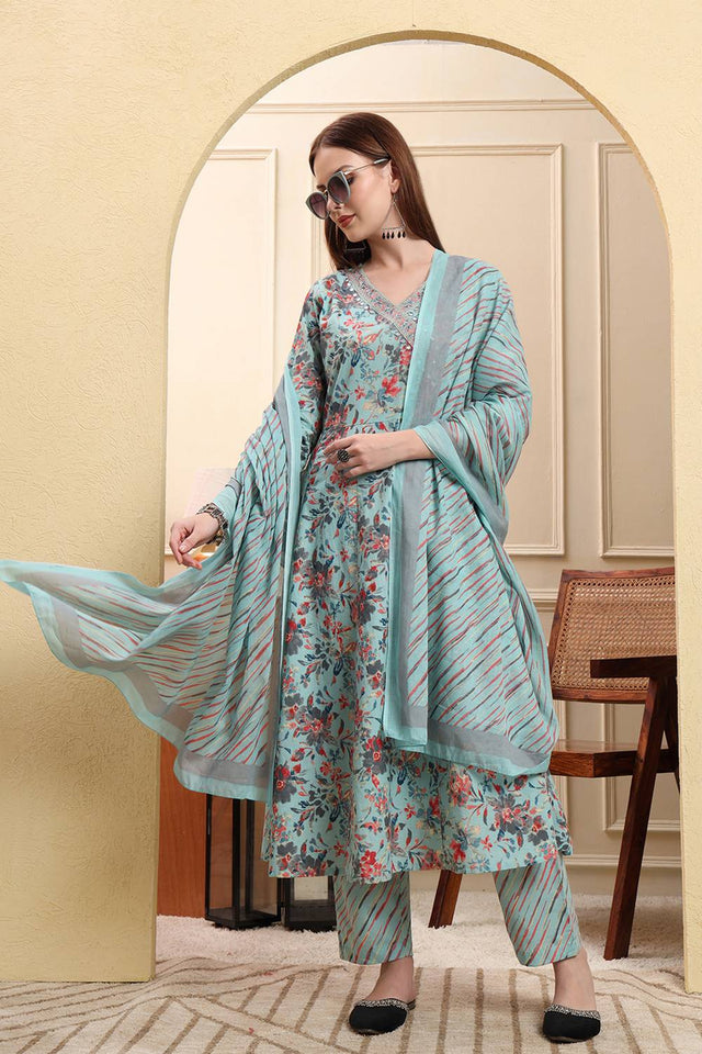 Blue Floral Printed Cotton Anarkali Suit Set