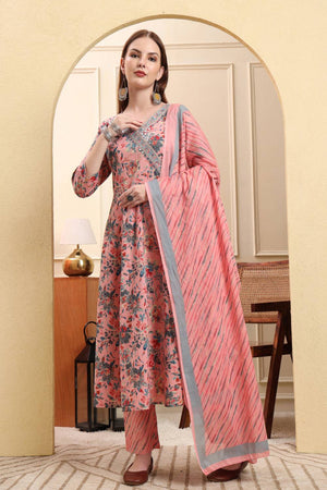 Pink Floral Printed Cotton Anarkali Suit Set