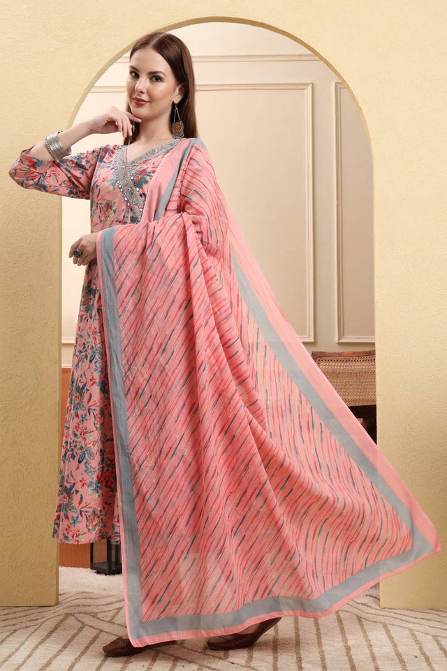 Pink Floral Printed Cotton Anarkali Suit Set