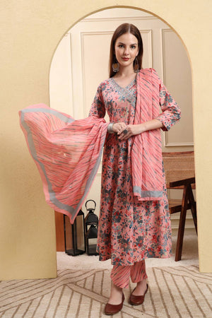 Pink Floral Printed Cotton Anarkali Suit Set
