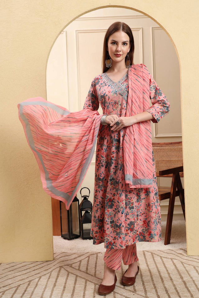 Pink Floral Printed Cotton Anarkali Suit Set