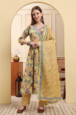 Yellow Floral Printed Cotton Anarkali Suit Set