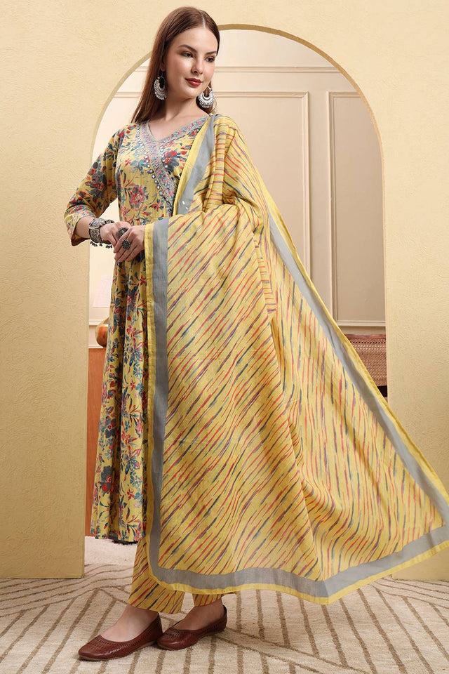 Yellow Floral Printed Cotton Anarkali Suit Set