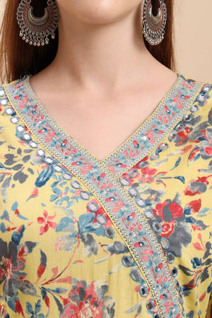 Yellow Floral Printed Cotton Anarkali Suit Set