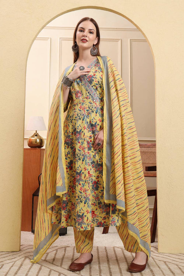 Yellow Floral Printed Cotton Anarkali Suit Set