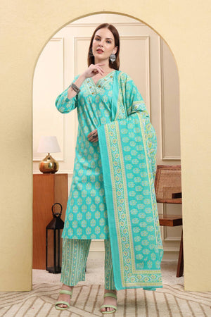 Sea Green Floral Printed Cotton Straight Cut Suit Set