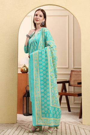Sea Green Floral Printed Cotton Straight Cut Suit Set