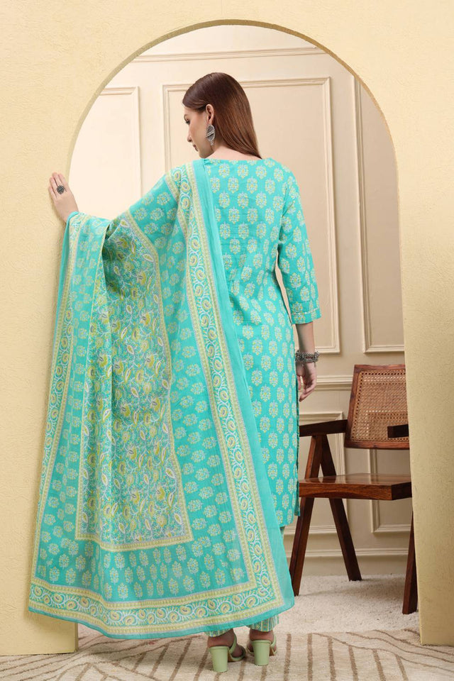 Sea Green Floral Printed Cotton Straight Cut Suit Set